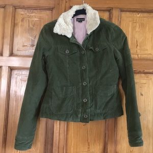 Green corduroy jacket with faux fur collar